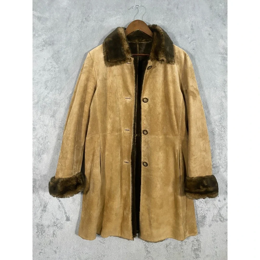 LNR‎ La Nouvelle Renaissance Jacket Sz L Tan Suede Faux Fur Shearling Penny Lane